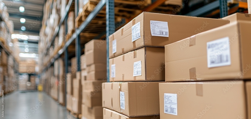 Stacked cardboard boxes in a modern warehouse setting. Stacked cardboard boxes in a modern warehouse setting.