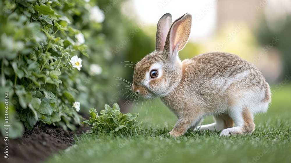 Cute rabbit exploring green grass and flowers on a sunny day.
