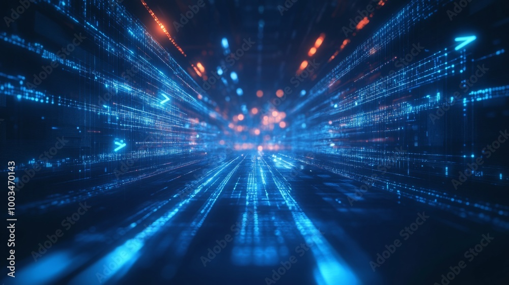 Fototapeta premium A futuristic digital landscape of glowing lines and data streams in blue and orange, representing technology and innovation.