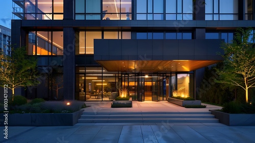 A modern apartment building with a sleek exterior, large windows, and a well-lit entrance.
