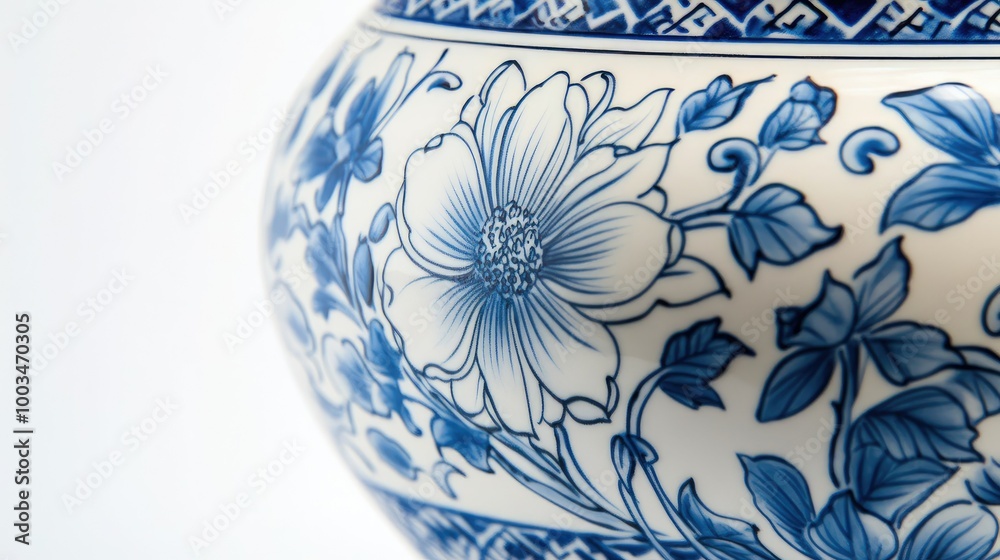 Φωτογραφία Close-up of a Chinese-style flowerpot with intricate patterns, featuring floral motifs in blue and white on a clean backdrop