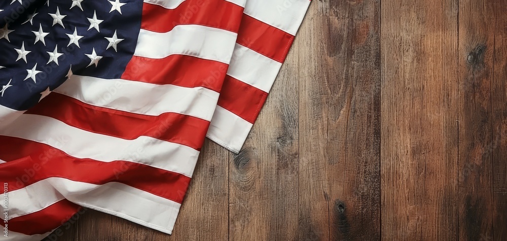 Obraz premium American flag draped over rustic wooden background.