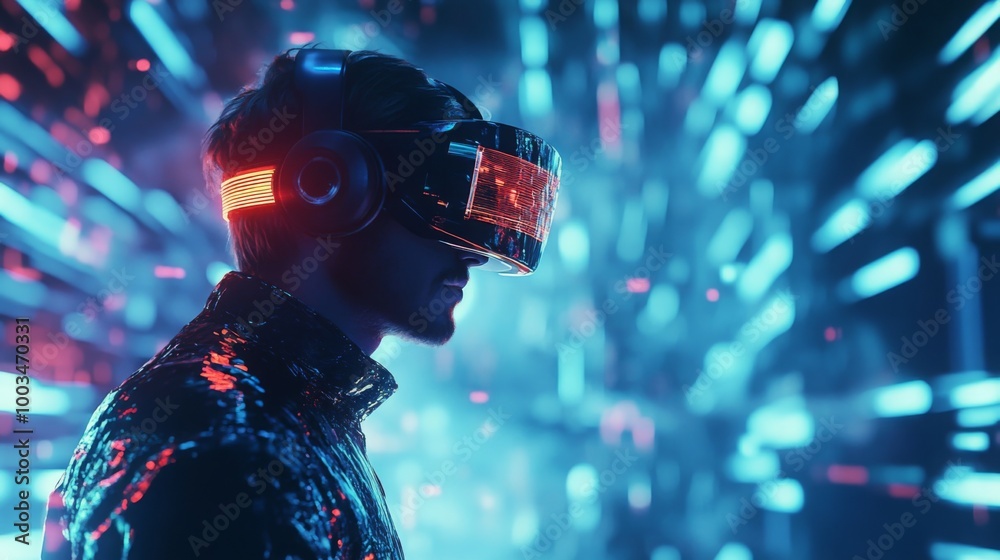 A person wearing a virtual reality headset stands against a backdrop of vibrant, dynamic lights, symbolizing an immersive tech experience. A person wearing a virtual reality headset stands against a backdrop of vibrant, dynamic lights, symbolizing an immersive tech experience.