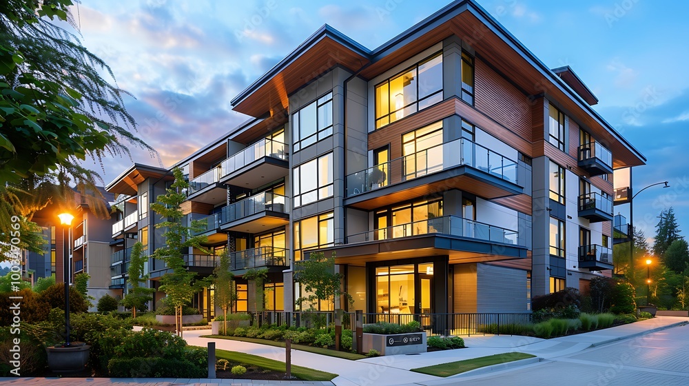 A modern apartment building with a sleek exterior, large windows, and a well-lit entrance.