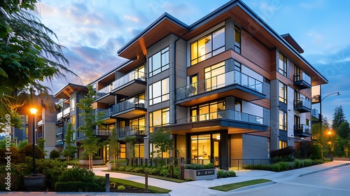 A modern apartment building with a sleek exterior, large windows, and a well-lit entrance.