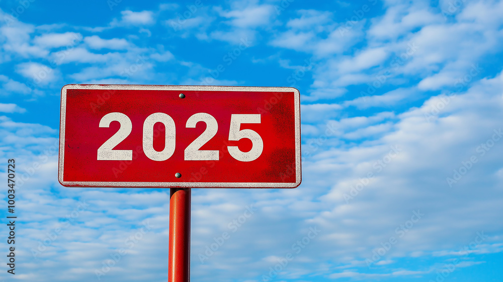 Road sign displaying the year 2025 against a blue sky Road sign displaying the year 2025 against a blue sky