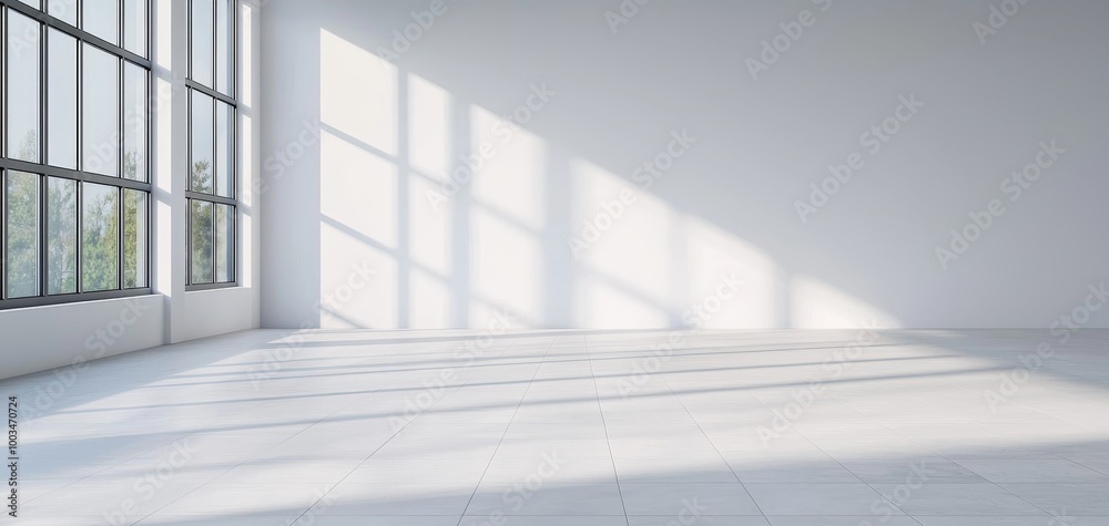 Bright, spacious room with large windows and soft shadows on the floor. Bright, spacious room with large windows and soft shadows on the floor.