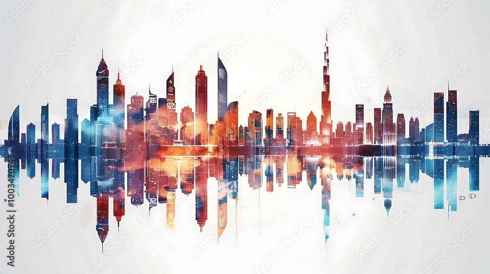 Silhouette of Dubai's skyline with its iconic skyscrapers, reflected in a calm body of water. The reflection creates a sense of depth and symmetry, highlighting the city's modern architecture.