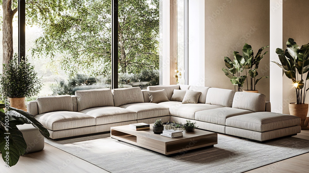 Fototapeta premium Modern living room with a large sectional sofa, coffee table, and plants.