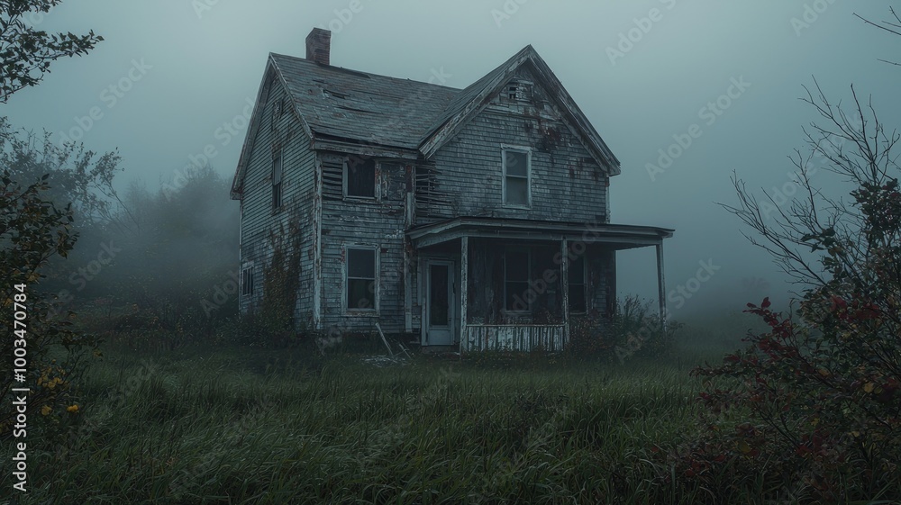 A dilapidated house stands shrouded in thick fog A dilapidated house stands shrouded in thick fog