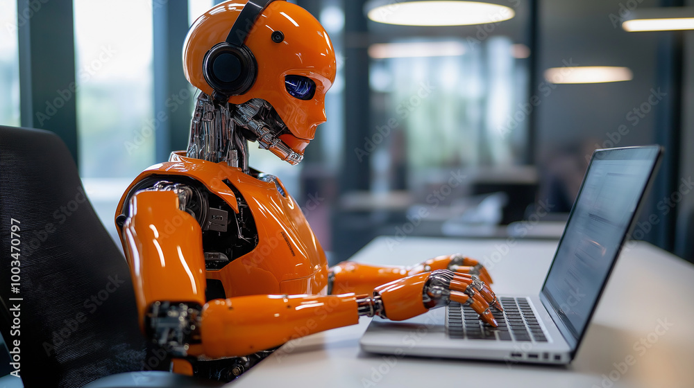 Orange robot working at desk using laptop computer wearing headphones Orange robot working at desk using laptop computer wearing headphones