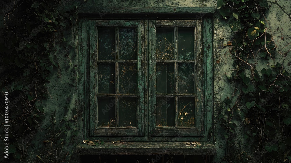 An Overgrown Window with Peeling Green Paint An Overgrown Window with Peeling Green Paint