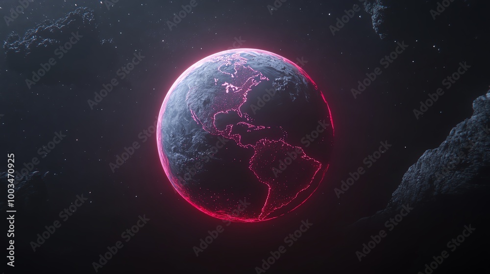 Fototapeta premium Earth with glowing red outline, dark background