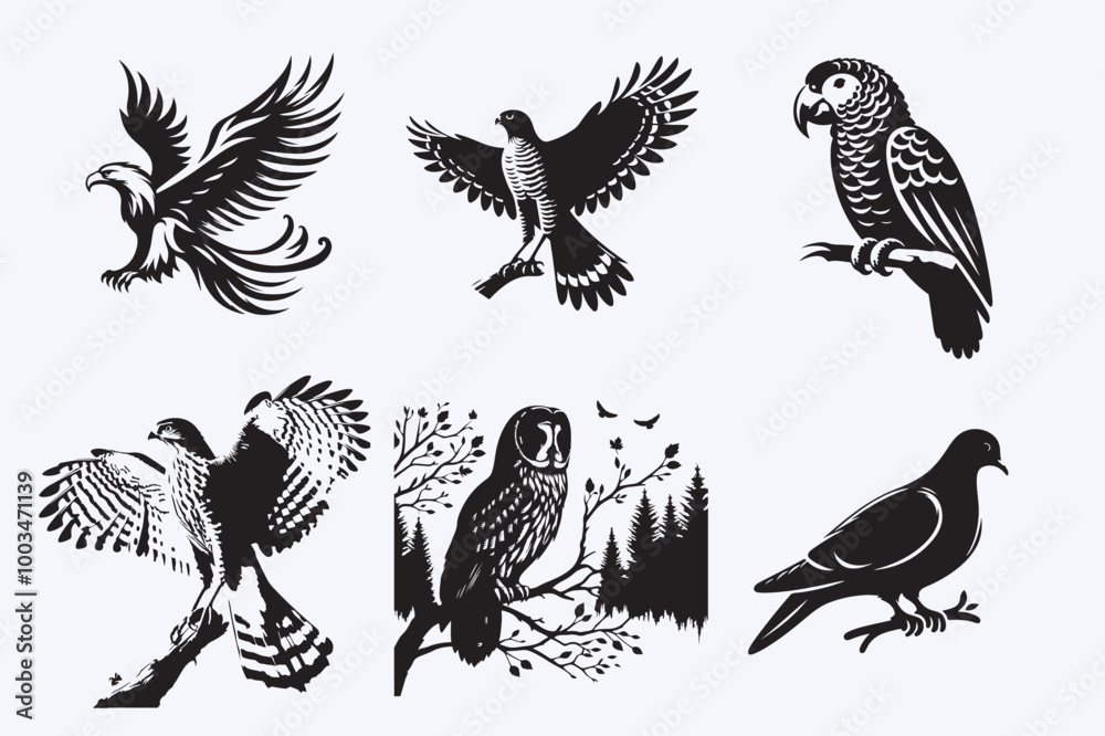 Creative 6 Birds silhouette vector style with white background Creative 6 Birds silhouette vector style with white background