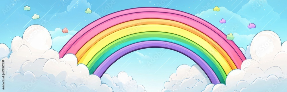 Colorful Rainbow Arcing Over Fluffy Clouds in a Blue Sky Colorful Rainbow Arcing Over Fluffy Clouds in a Blue Sky
