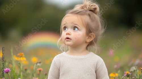 A curious child observing nature in a colorful flower field.