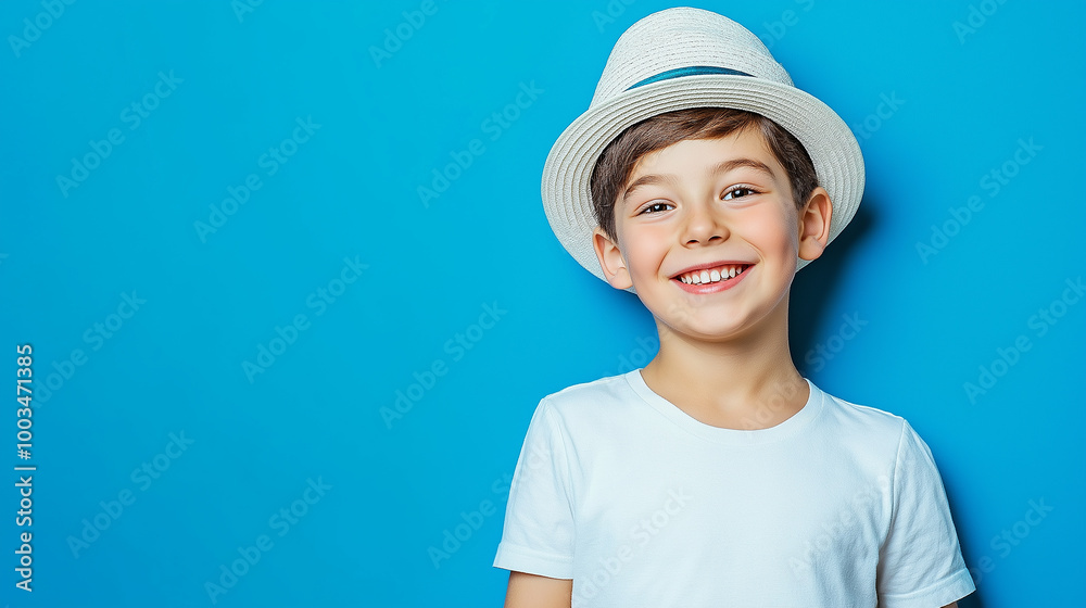 Young boy wearing a hat smiling on a blue background Young boy wearing a hat smiling on a blue background