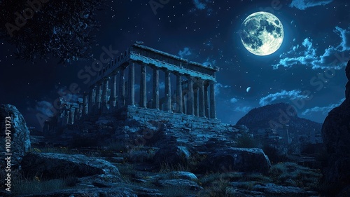 Ancient Greek Temple under a Full Moon and Starry Night Sky