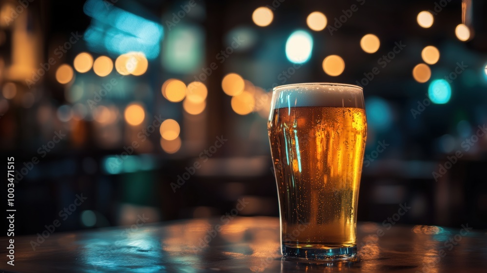 Glass of Beer on a Table in a Bar with Bokeh Lights Glass of Beer on a Table in a Bar with Bokeh Lights