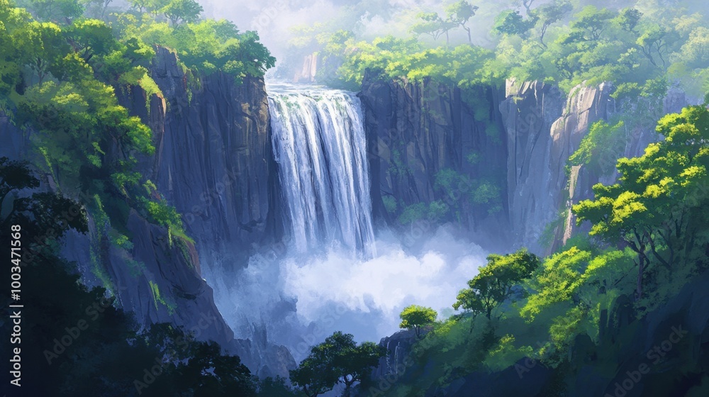 A majestic waterfall cuts through jungle-covered cliffs, mist swirling into the tropical air, framed by vibrant green trees. Realistic, very detailed A majestic waterfall cuts through jungle-covered cliffs, mist swirling into the tropical air, framed by vibrant green trees. Realistic, very detailed