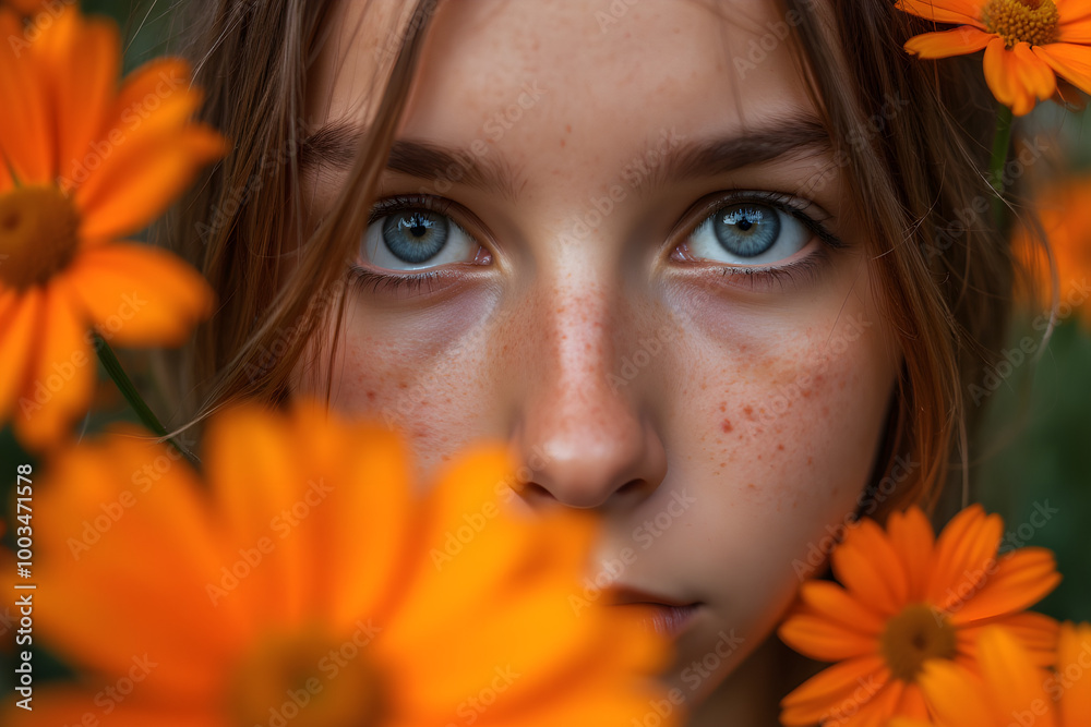 Close-Up Portrait of Freckled Woman with Striking Blue Eyes Surrounded by Vibrant Orange Flowers – Natural Beauty, Floral Aesthetics, and Skin Texture Close-Up Portrait of Freckled Woman with Striking Blue Eyes Surrounded by Vibrant Orange Flowers – Natural Beauty, Floral Aesthetics, and Skin Texture
