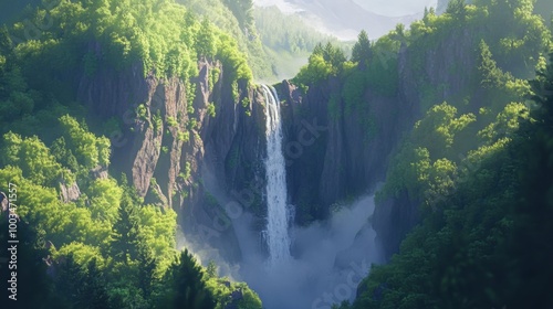 A majestic waterfall cuts through jungle-covered cliffs, mist swirling into the tropical air, framed by vibrant green trees. Realistic, very detailed