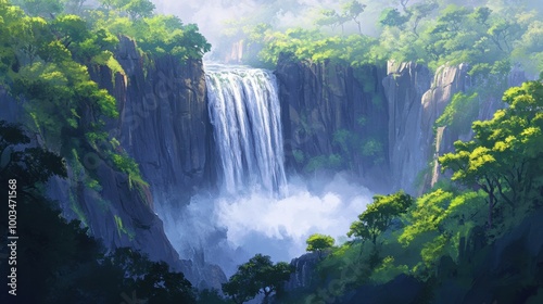 A majestic waterfall cuts through jungle-covered cliffs, mist swirling into the tropical air, framed by vibrant green trees. Realistic, very detailed