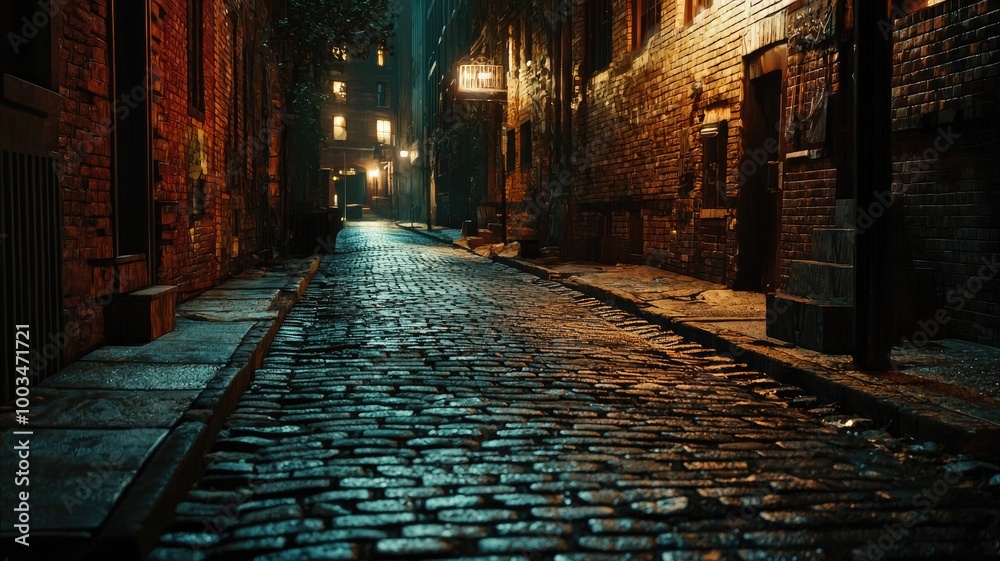 Cobblestone Alleyway at Night with Brick Buildings Cobblestone Alleyway at Night with Brick Buildings