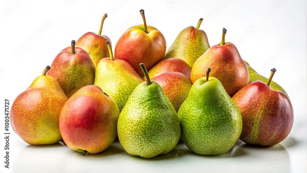 Juicy, succulent pears display their vibrant hues and intricate details against a crisp white backdrop, creating a Juicy, succulent pears display their vibrant hues and intricate details against a crisp white backdrop, creating a