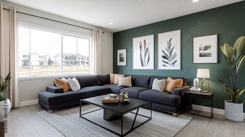 Fototapeta premium Modern living room with sectional sofa, coffee table, and green wall.