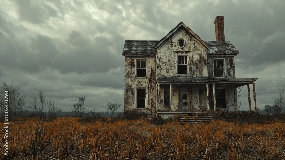 An Abandoned Two-Story House with a Porch Under a Stormy Sky