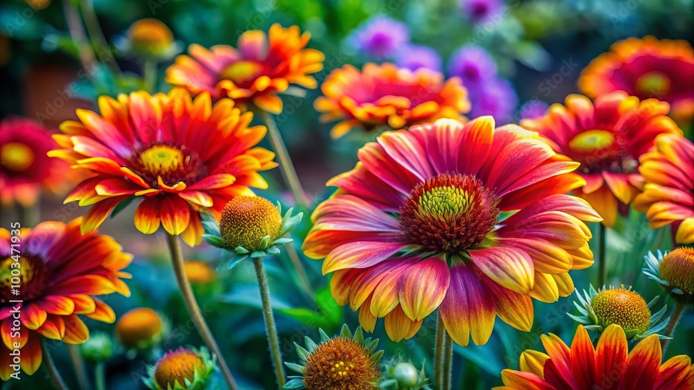 Fototapeta premium Lively Margareta blooms in a garden backdrop, highlighting nature's splendor with their vivid hues and delicate petals,