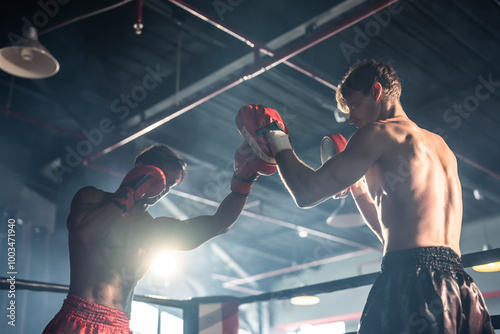 Two young professional boxer having a competition tournament on stage.  photo