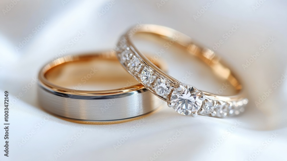 Close-up of gold and silver diamond wedding rings, elegantly placed on a white background, shining in the light. Close-up of gold and silver diamond wedding rings, elegantly placed on a white background, shining in the light.