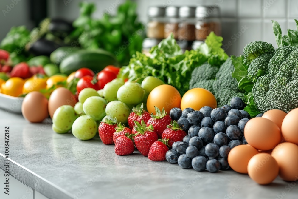 Fresh Fruit Vegetables and Eggs on a Kitchen Countertop Fresh Fruit Vegetables and Eggs on a Kitchen Countertop