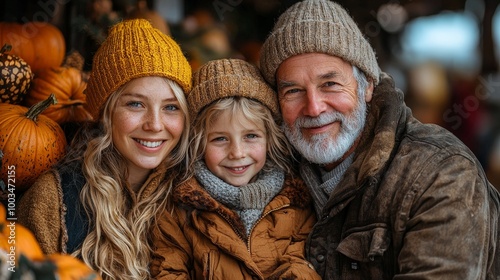 A family smiles together amidst pumpkins, showcasing warmth and connection in autumn.