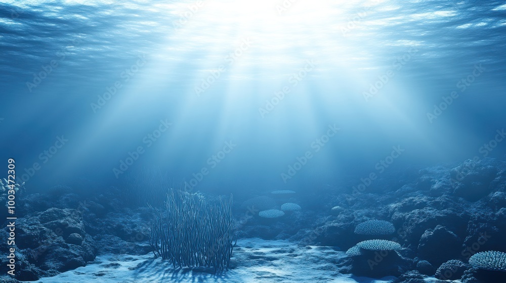 Fototapeta premium A mystical underwater view of sea foam swirling over coral, evoking a haunting, dreamlike sensation in the calm ocean depths.