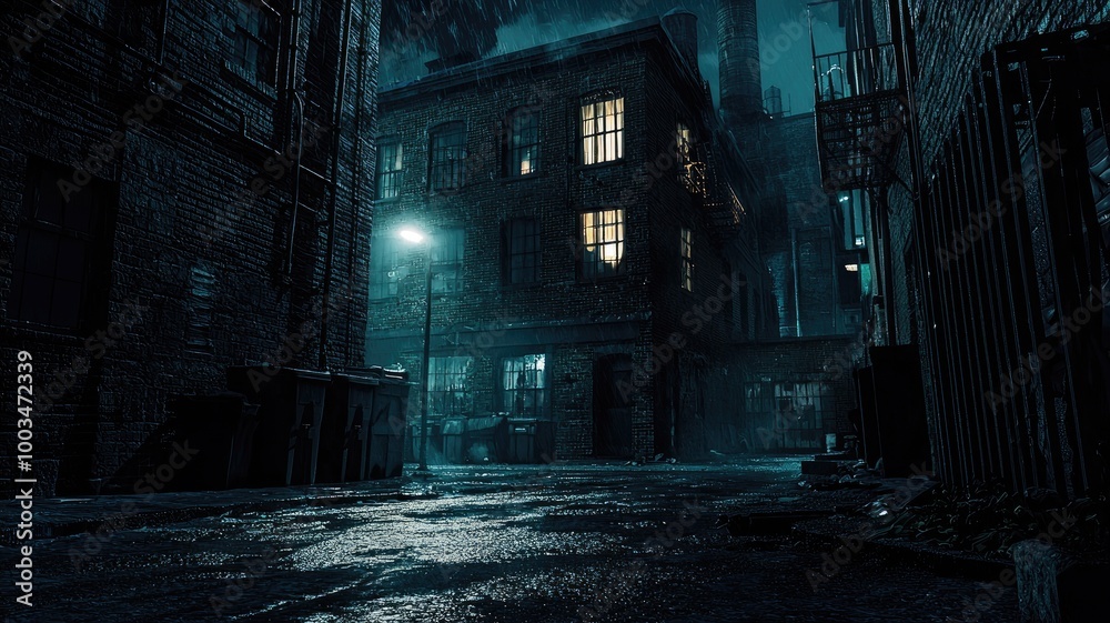A Dark and Rainy Alleyway in a City A Dark and Rainy Alleyway in a City