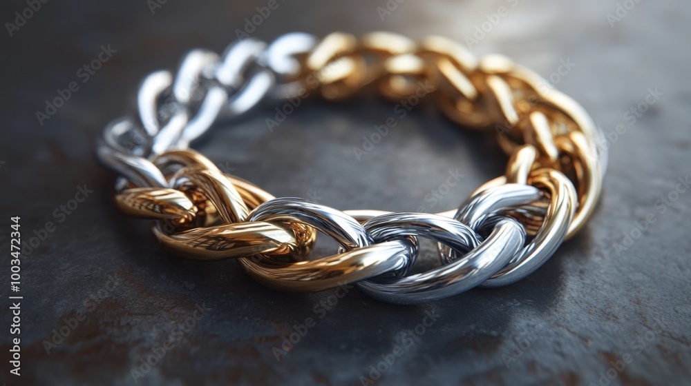 Obraz premium A pair of intertwined silver and gold chains resting elegantly on a sleek surface, symbolizing luxury and wealth.