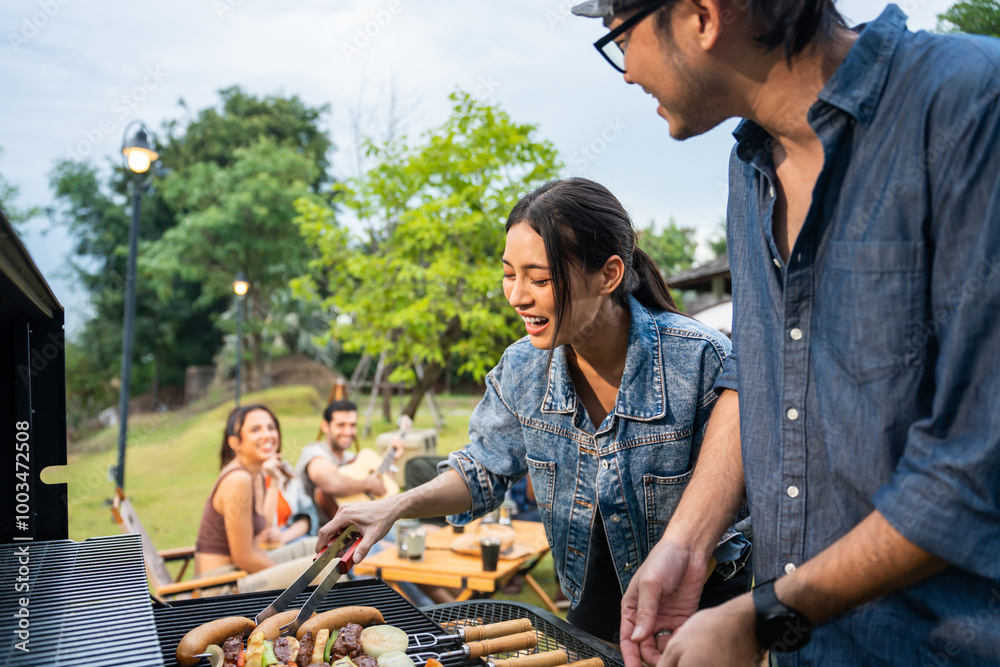 Group of diverse friend having outdoors camping party together in tent. Group of diverse friend having outdoors camping party together in tent.