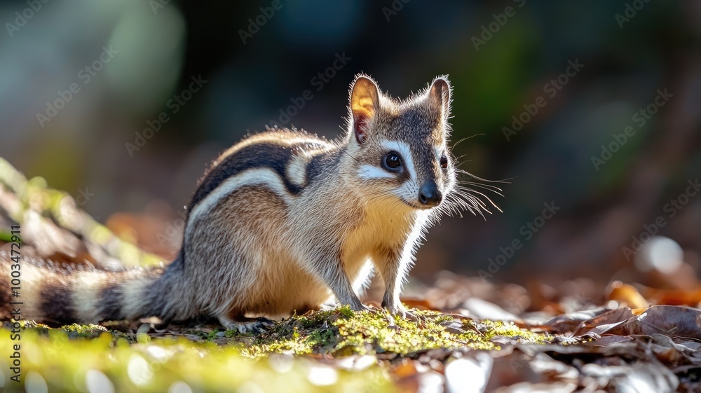 Striped chipmunk on forest floor among dried leaves and moss Striped chipmunk on forest floor among dried leaves and moss