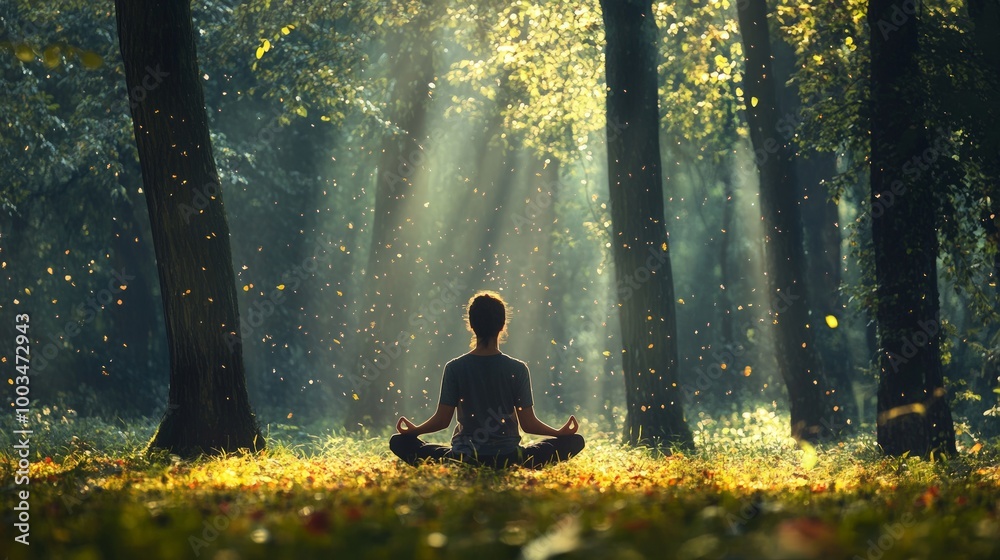 Meditation in a Tranquil Forest, a peaceful individual connects with nature, surrounded by dappled sunlight filtering through trees, embodying mindfulness and serenity. Meditation in a Tranquil Forest, a peaceful individual connects with nature, surrounded by dappled sunlight filtering through trees, embodying mindfulness and serenity.