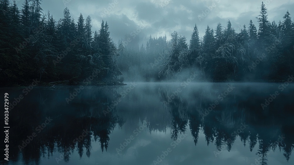 A Misty Forest Lake with Reflections of Trees A Misty Forest Lake with Reflections of Trees