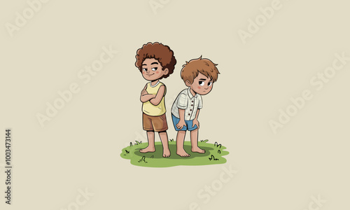 Two boys chatting, one smirking confidently, outdoors