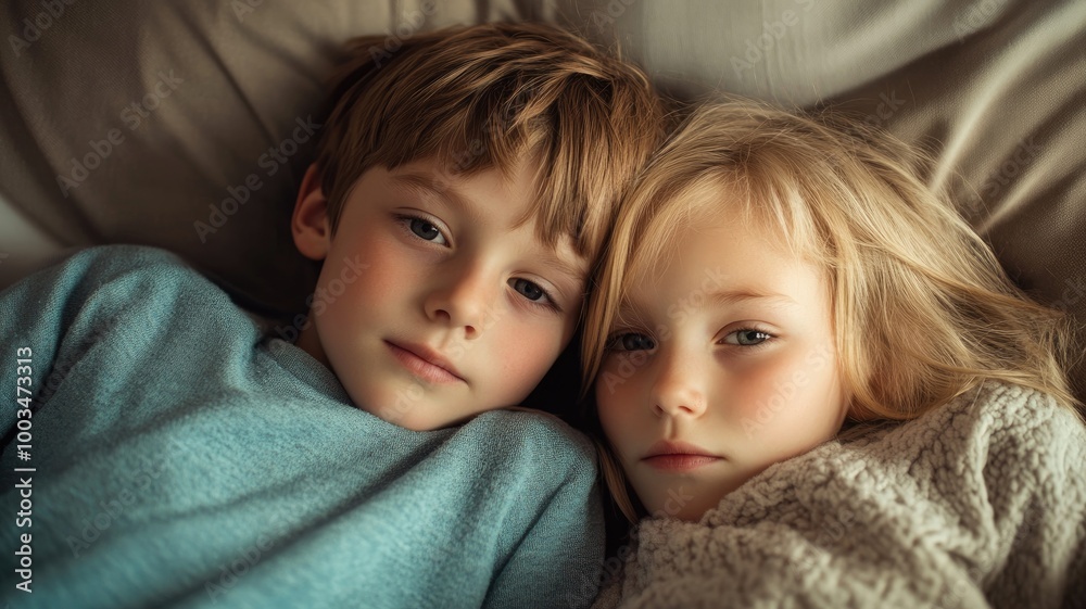 Two Caucasian children, one boy and girl, lying on bed Two Caucasian children, one boy and girl, lying on bed
