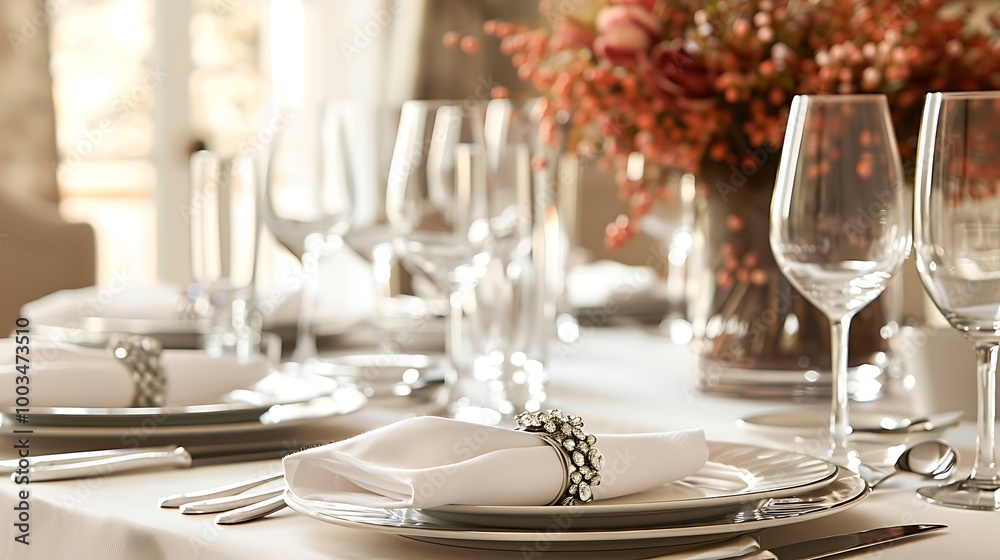 Close-up shot of an elegant table setting featuring a white napkin with a silver ring, a white plate, and silverware. Close-up shot of an elegant table setting featuring a white napkin with a silver ring, a white plate, and silverware.