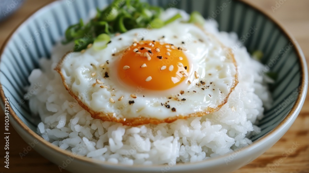 A plate of fluffy steamed rice topped with a fried egg and smoky sauce, the egg yolk perfectly cooked and glistening. A plate of fluffy steamed rice topped with a fried egg and smoky sauce, the egg yolk perfectly cooked and glistening.