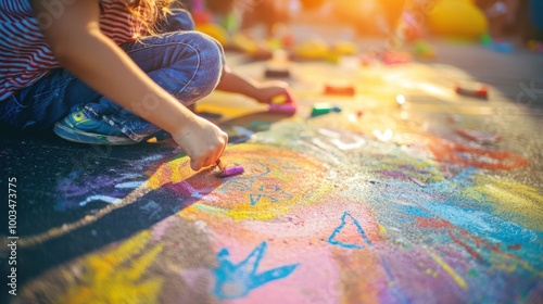 A child's hand draws on a colorful sidewalk chalk drawing. The sun shines brightly.