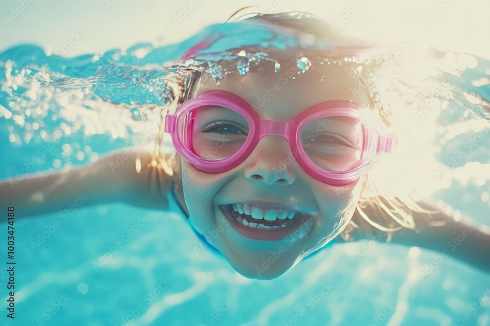 Naklejka premium Happy Child Swimming Underwater with Goggles