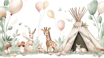 Baby giraffe and rabbits celebrating birthday in the forest